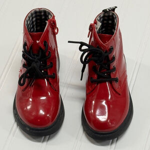 OVEKOS Red Patent Leather Girls Laced Up Zipped Boots EU 24